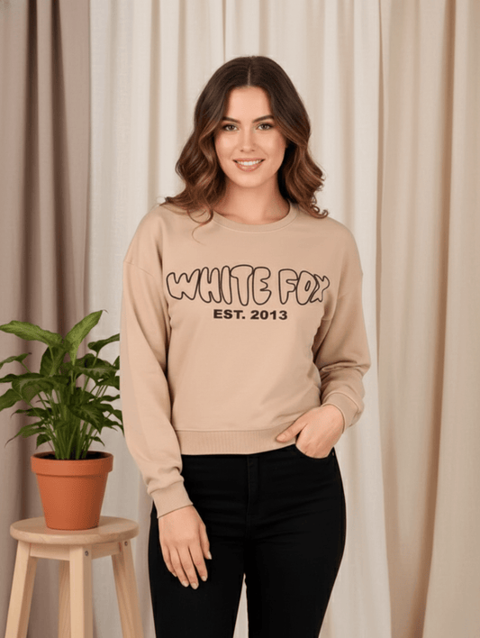 White Fox Crop Sweatshirt – Fawn  Minimal Streetwear for Pre-Winter