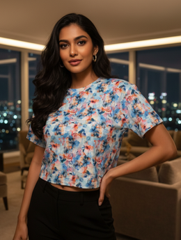 AQUA BLOOM Crop Tee | Fresh Floral Aesthetic with Effortless Comfort